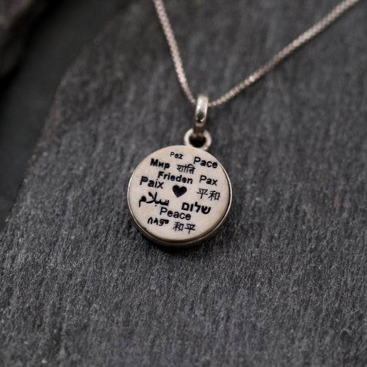 Silver Jerusalem Stone Pendant with the Word "Shalom" in Different Languages