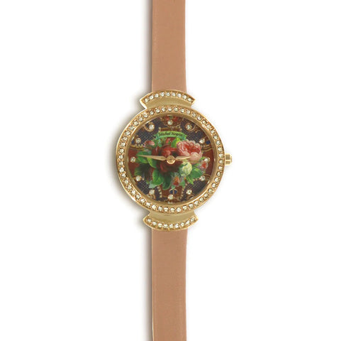 Gold Plated Wrist Watch With Antique Pink Strap