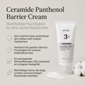 Anua Ceramide Panthenol Barrierecreme in der Tube mit Cremeprobe und Baumwollblüte, daneben vier Vorteile der Pflege