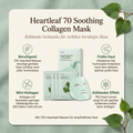 Anua Heartleaf 70 Soothing Collagen Mask mit Beuteln und Maske zwischen Blättern, daneben vier Vorteile