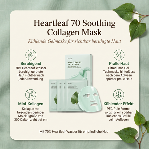Anua Heartleaf 70 Soothing Collagen Mask mit Beuteln und Maske zwischen Blättern, daneben vier Vorteile