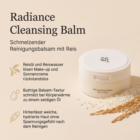 Beauty of Joseon Radiance Cleansing Balm in der Dose zwischen Reiskörnern und Reisähren, daneben drei Vorteile