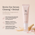 Beauty of Joseon Revive Eye Serum Tube mit Ginsengwurzeln und Blütenblättern, daneben drei Produktvorteile
