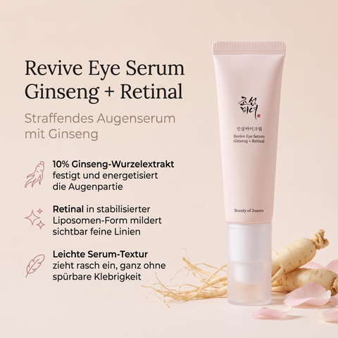 Beauty of Joseon Revive Eye Serum Tube mit Ginsengwurzeln und Blütenblättern, daneben drei Produktvorteile