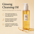 Beauty of Joseon Ginseng Cleansing Oil neben einer Ginsengwurzel und Öltropfen, daneben drei Produktvorteile