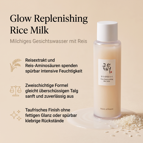 Beauty of Joseon Rice Milk Gesichtswasser mit Reiskörnern und Reismilch-Pfütze, daneben drei Produktvorteile