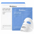 Biodance Hydro Cera-nol Real Deep Mask: blauer Beutel, weiße Faltschachtel und Hydrogel-Tuchmaske