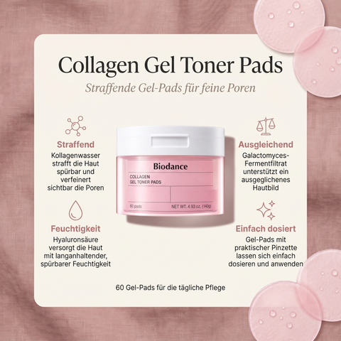 Biodance Collagen Gel Toner Pads in der rosa Dose mit durchsichtigen Gel-Pads, umgeben von vier Produktvorteilen
