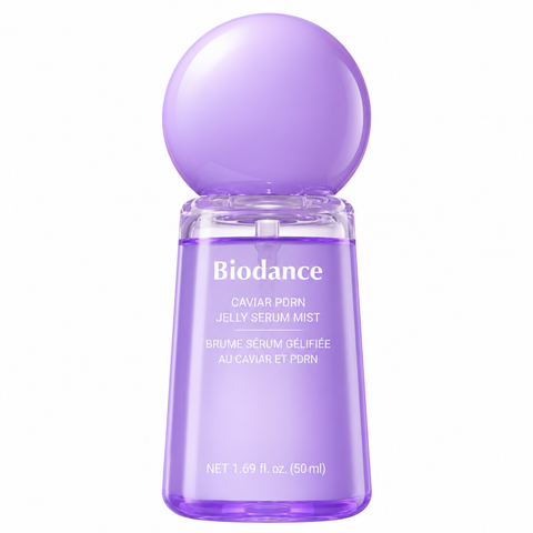 Biodance Caviar PDRN Jelly Serum Mist: lilafarbene Sprühflasche mit runder Kugelkappe, 50 ml