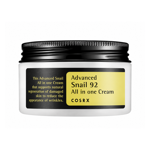 COSRX Advanced Snail 92 All in one Cream: weißer Tiegel mit schwarzem Deckel und gelbem Etikett, Produktfoto
