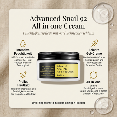 COSRX Advanced Snail 92 All in one Cream mit Gel-Tropfen, umgeben von Vorteile-Grafik zu Schneckenschleim und Hyaluron