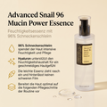 COSRX Advanced Snail 96 Mucin Power Essence mit Essenz-Tropfen, daneben Vorteile-Grafik zu 96 % Schneckenschleim