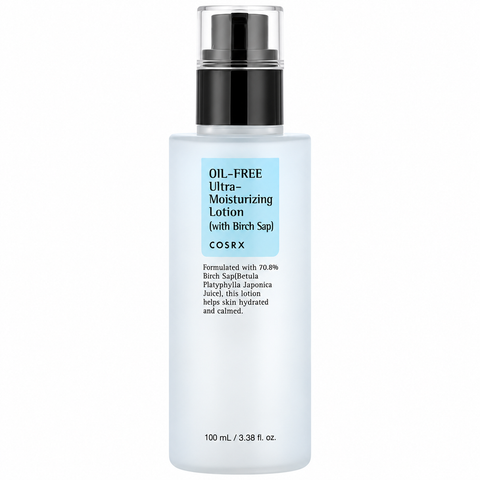 COSRX Oil-Free Ultra-Moisturizing Lotion mit Birkensaft: Pumpflasche mit hellblauem Etikett, Produktfoto