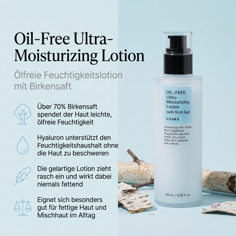 COSRX Oil-Free Ultra-Moisturizing Lotion vor Birkenrinde, daneben Vorteile-Grafik zu Birkensaft und Hyaluron