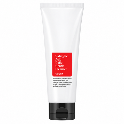 COSRX Salicylic Acid Daily Gentle Cleanser: weiße Tube mit rotem Etikett und schwarzer Kappe, Produktfoto