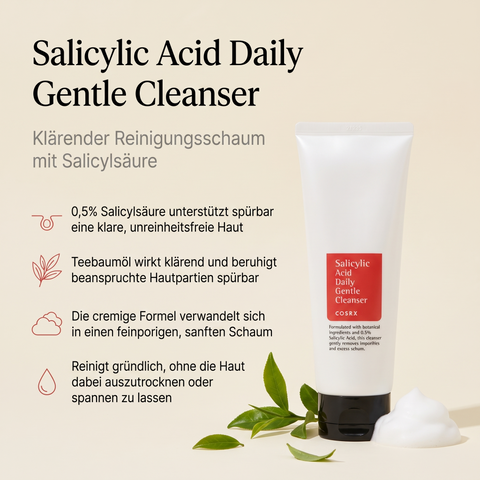 COSRX Salicylic Acid Gentle Cleanser mit Schaum und Teeblättern, daneben Vorteile-Grafik zu Salicylsäure und Textur