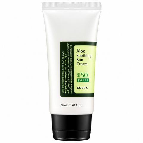 COSRX Aloe Soothing Sun Cream SPF50 PA+++: weiße Tube mit grünem Etikett und schwarzer Kappe, Produktfoto