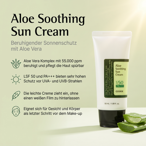 COSRX Aloe Soothing Sun Cream neben Aloe-Vera-Blättern, dazu Vorteile-Grafik zu Aloe-Komplex und LSF 50