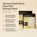 COSRX Snail Mucin Hydrogel Mask mit Packung, Beutel und Gel-Tropfen, daneben Vorteile-Grafik zu Schneckenschleim
