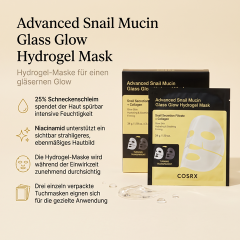 COSRX Snail Mucin Hydrogel Mask mit Packung, Beutel und Gel-Tropfen, daneben Vorteile-Grafik zu Schneckenschleim