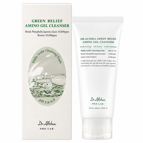 Dr.Althea Green Relief Amino Gel Cleanser Gel-Reiniger als weiße Tube neben der Faltschachtel