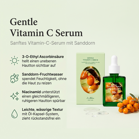 Dr.Althea Vitamin-C-Serum mit Sanddornbeeren und Serumtropfen, dazu Vorteile-Grafik zu Wirkstoffen und Textur