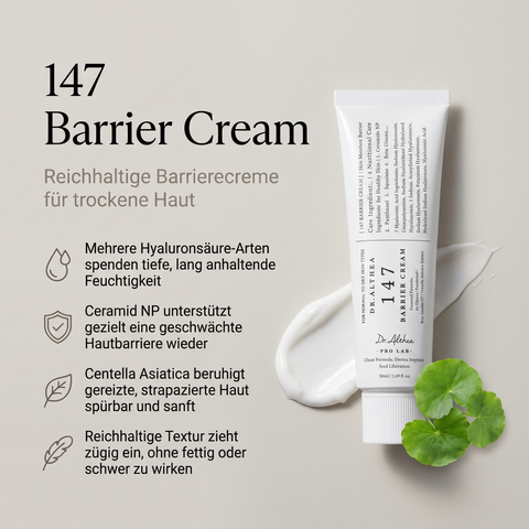 Dr.Althea 147 Barrierecreme mit Cremetextur und Centella-Blättern, daneben Vorteile zu Hyaluronsäure und Ceramid