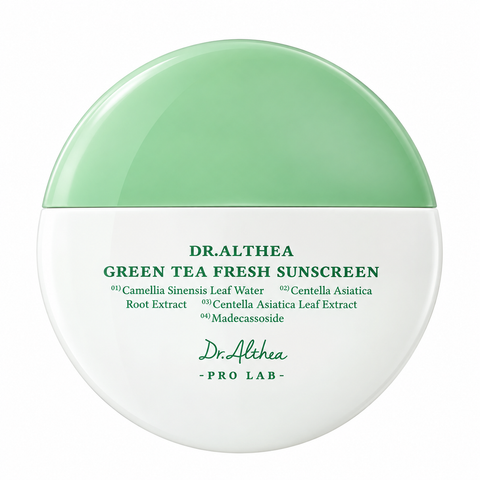 Dr.Althea Green Tea Fresh Sunscreen Sonnencreme in der runden grün-weißen Verpackung, Frontansicht