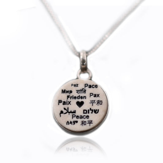 Silver Jerusalem Stone Pendant with the Word "Shalom" in Different Languages