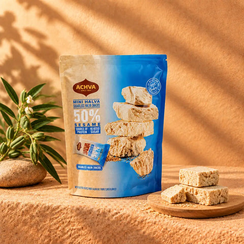 Halva Minis Vanille ohne Zuckerzusatz im Standbeutel, davor Halva-Stücke auf einem Holzteller