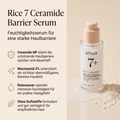 Anua Rice 7 Ceramide Serum mit Pumpspender in Reiskörnern und Serumtropfen, daneben vier Produktvorteile