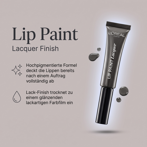 L'Oréal Paris Lip Paint Lacquer Liquid Lipstick in Grau mit Grafik zu hochpigmentierter Formel und Lack-Finish