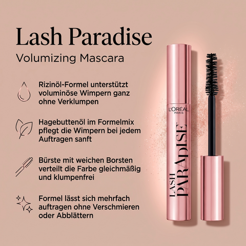 L'Oréal Paris Lash Paradise Volumen Mascara mit Vorteile-Grafik zu Rizinusöl, Hagebuttenöl und weicher Bürste