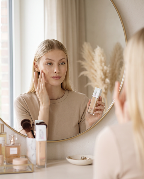 Frau trägt vor dem Spiegel Maybelline Superstay 24H Foundation auf, Foundation-Flasche und Pinsel auf dem Schminktisch