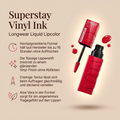 Maybelline Superstay Vinyl Ink Lippenstift in Rot mit Vorteile-Grafik zu Vinyl-Finish und hoher Pigmentierung
