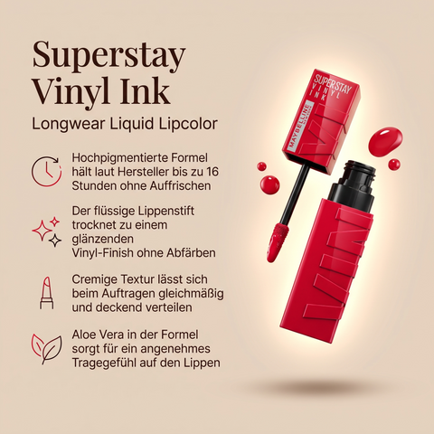 Maybelline Superstay Vinyl Ink Lippenstift in Rot mit Vorteile-Grafik zu Vinyl-Finish und hoher Pigmentierung