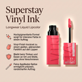 Maybelline Superstay Vinyl Ink Lippenstift, Vorteile-Grafik zu Vinyl-Finish und präzisem Applikator