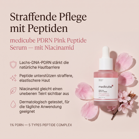 Medicube PDRN Pink Peptide Serum in rosa Pipettenflasche zwischen Kirschblüten, mit Grafik zu Peptiden und Niacinamid