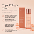 Medicube Triple Collagen Toner mit Schachtel und Rosenblättern, daneben Vorteile zu Kollagen und Hyaluronsäure