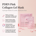 Medicube PDRN Pink Collagen Gel Mask mit Beuteln und Maske zwischen Rosenblättern, daneben vier Vorteile