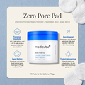 Medicube Zero Pore Pad Dose mit Wattepads auf blauem Stoff, daneben Vorteile zu Poren, Beruhigung und zwei Padseiten
