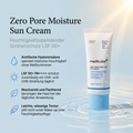 Medicube Zero Pore Moisture Sun Cream auf einer Wasseroberfläche, daneben Vorteile zu LSF 50+ und leichter Textur