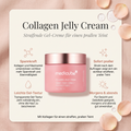 Medicube Collagen Jelly Cream im rosa Tiegel auf Rosenblättern, umgeben von Vorteilen zu Spannkraft und Gel-Textur