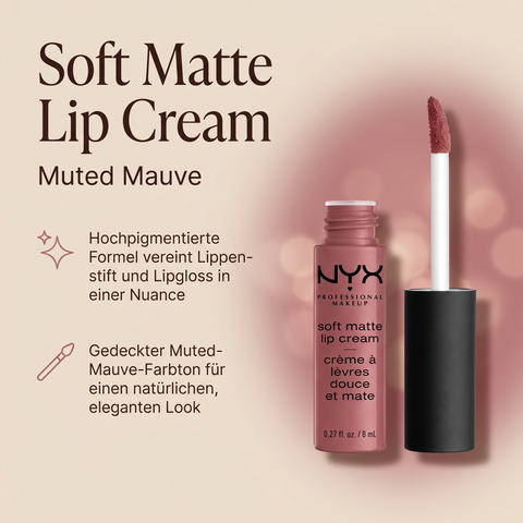 NYX Soft Matte Lip Cream in Muted Mauve, Vorteile-Grafik zu hochpigmentierter Formel und Applikator