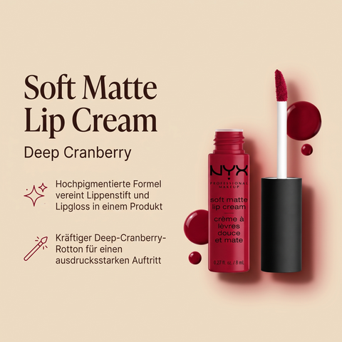 NYX Soft Matte Lip Cream in tiefem Cranberry-Rot, Vorteile-Grafik zu hochpigmentierter Formel