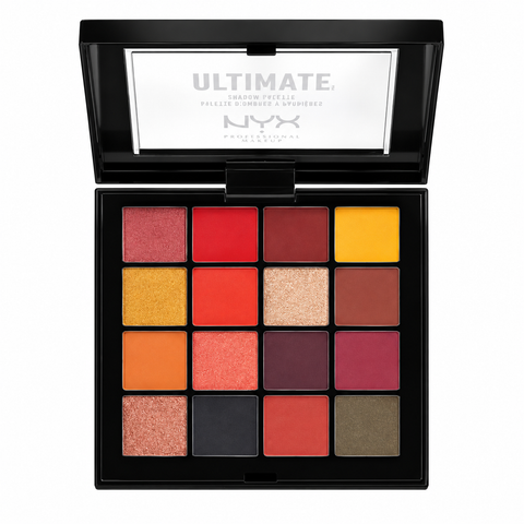 NYX Ultimate Shadow Palette Phoenix geöffnet mit Spiegel und 16 warmen Matt- und Schimmer-Farbtönen