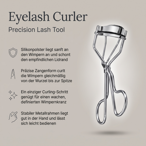 NYX Wimpernzange mit Silikonpolster, Vorteile-Grafik zu präzisem Curl und stabilem Metallrahmen