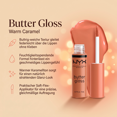 NYX Butter Gloss Lipgloss in warmem Pfirsich-Karamell, Vorteile-Grafik zu buttriger Textur und Applikator
