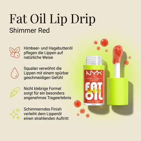NYX Fat Oil Lip Drip Lippenöl in schimmerndem Rot, Vorteile-Grafik zu Squalan und nicht klebender Formel