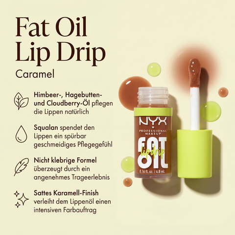 NYX Fat Oil Lip Drip Lippenöl in Karamell, Vorteile-Grafik zu Squalan, Pflegeölen und nicht klebender Formel